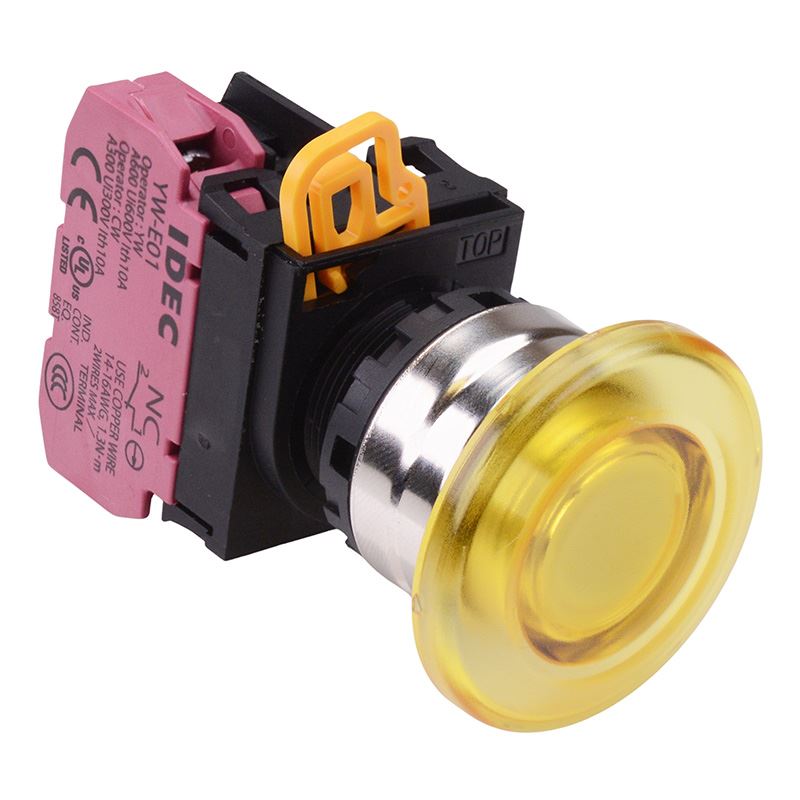 YW4L-A4E01Q4Y Yellow 24V illuminated 22mm Metal Bezel Mushroom Maintained Push Button Switch NC IP65 IDEC
