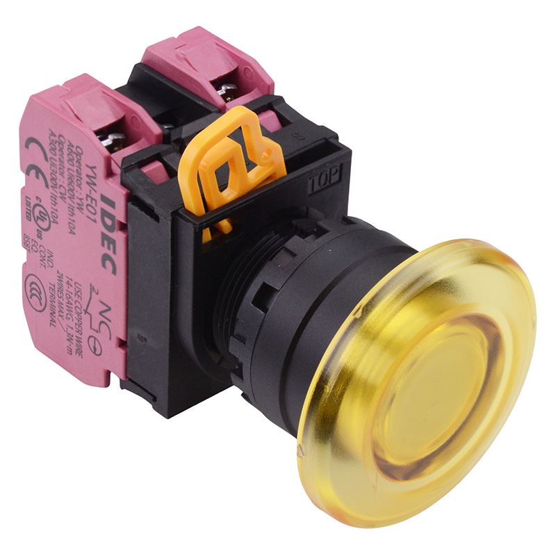 YW1L-A4E02Q3Y Yellow 12V illuminated 22mm Mushroom Maintained Push Button Switch 2NC IP65 IDEC