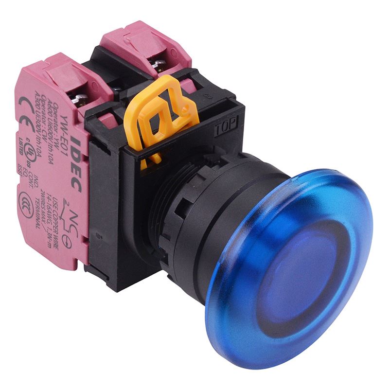 YW1L-A4E02Q3S Blue 12V illuminated 22mm Mushroom Maintained Push Button Switch 2NC IP65 IDEC