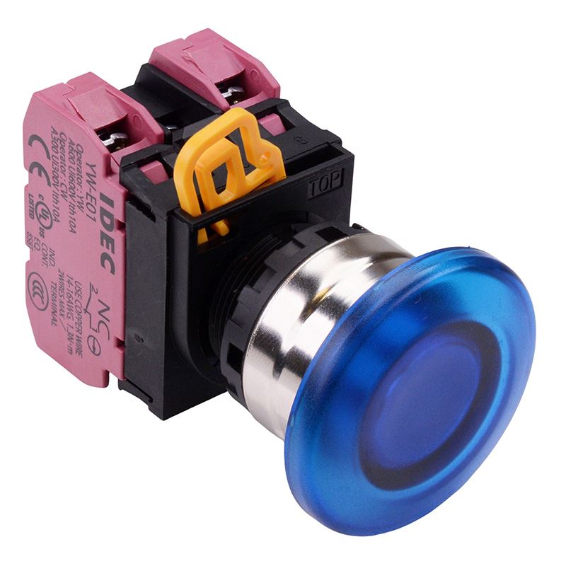 YW4L-A4E02Q4S Blue 24V illuminated 22mm Metal Bezel Mushroom Maintained Push Button Switch 2NC IP65 IDEC