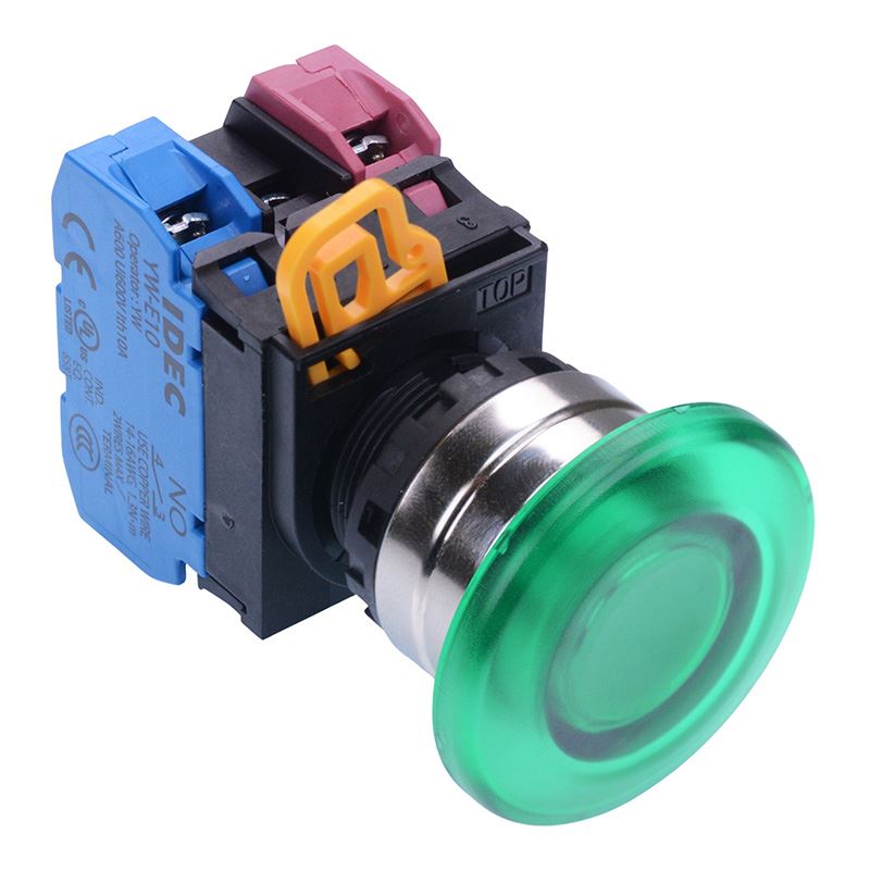YW4L-A4E11Q3G Green 12V illuminated 22mm Metal Bezel Mushroom Maintained Push Button Switch 1NO-1NC IP65 IDEC