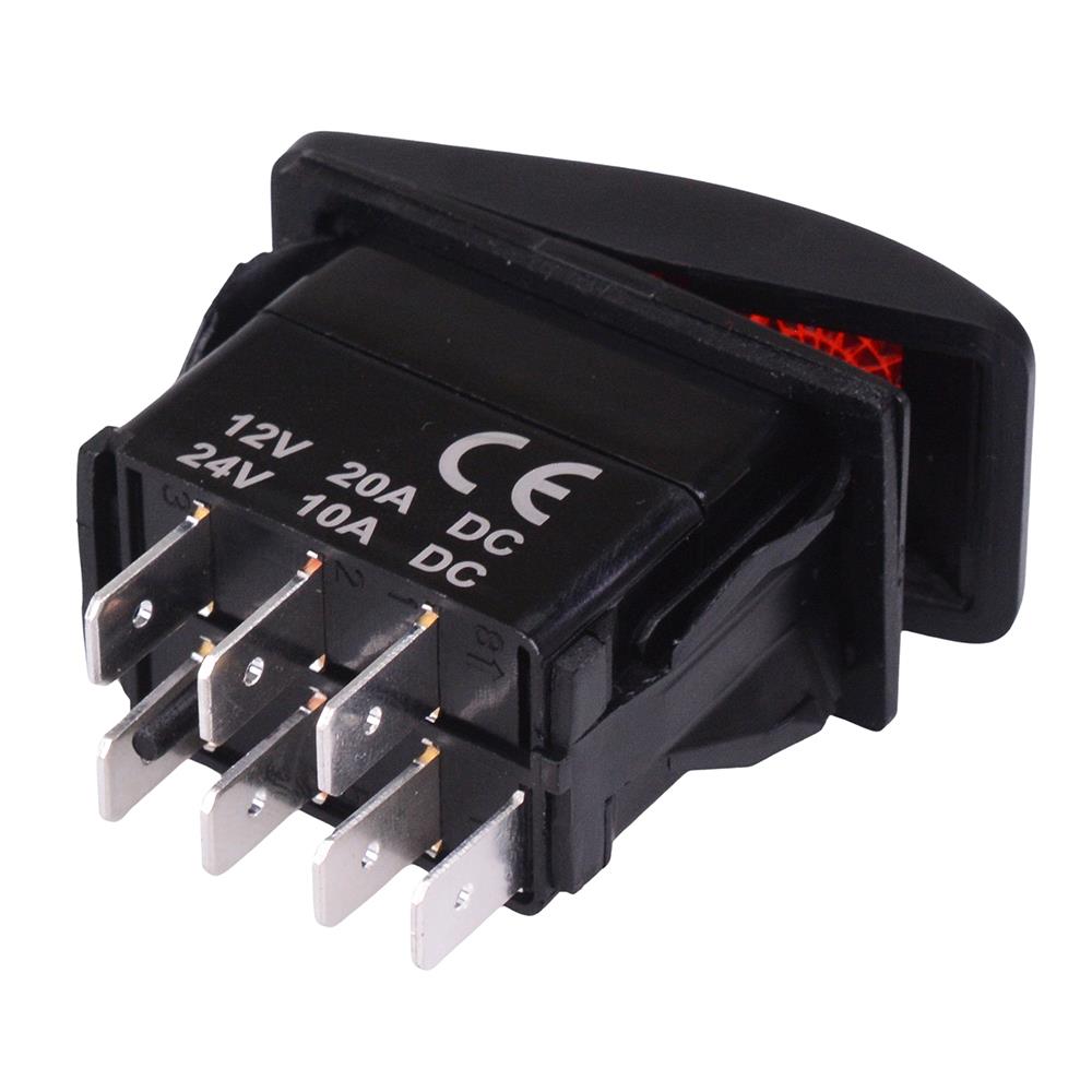 Red illuminated On-Off-On Automotive Rocker Switch DPDT 10A 12-24V IP68