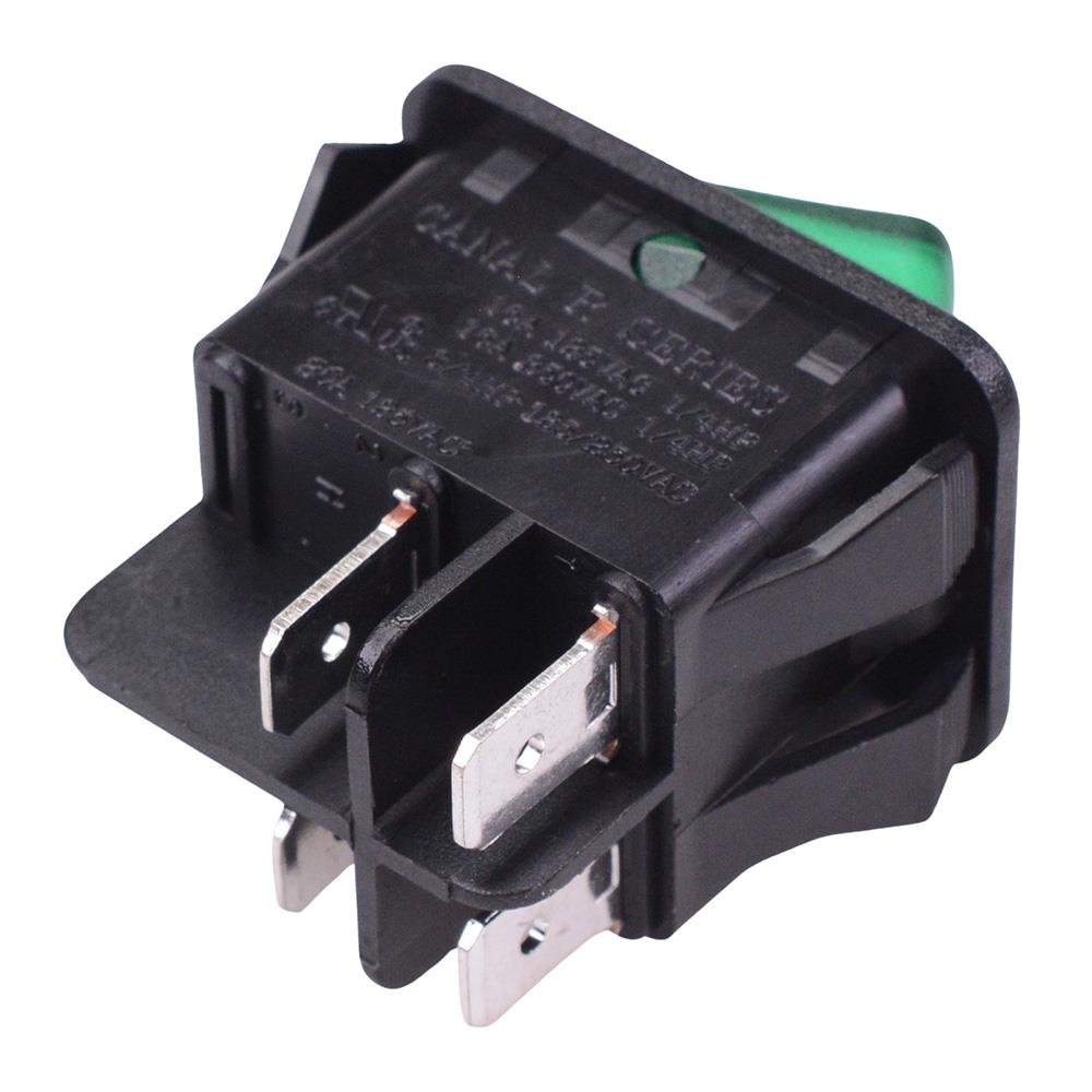 Green illuminated 230V Rectangle Rocker Switch DPST 16A