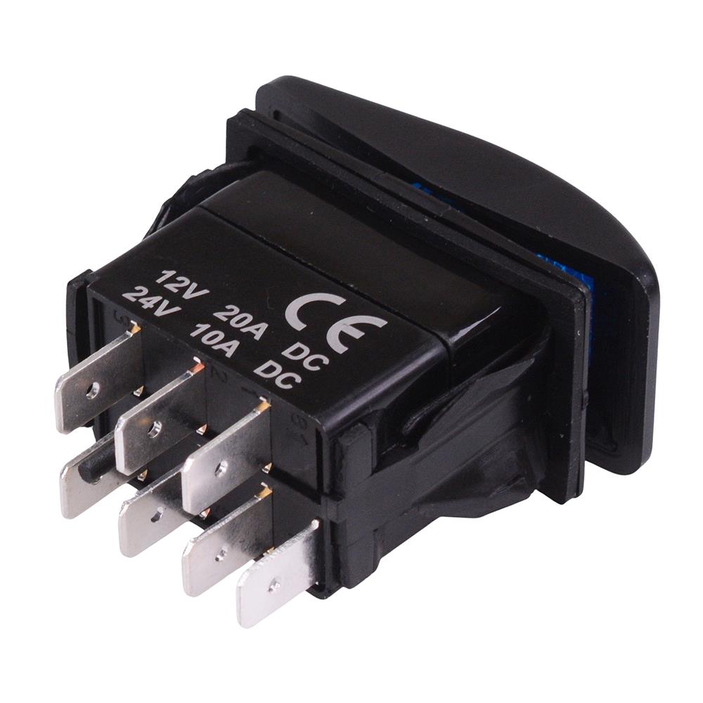 Blue illuminated (On)-Off-(On) Momentary Automotive Rocker Switch DPDT 10A 12-24V