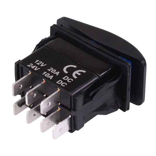 Blue illuminated (On)-Off-(On) Momentary Automotive Rocker Switch DPDT 10A 12-24V