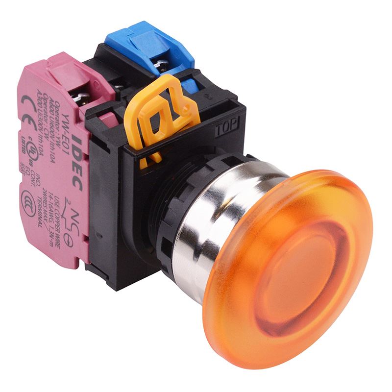YW4L-M4E11Q3A Amber 12V illuminated 22mm Metal Bezel Mushroom Momentary Push Button Switch 1NO-1NC IP65 IDEC