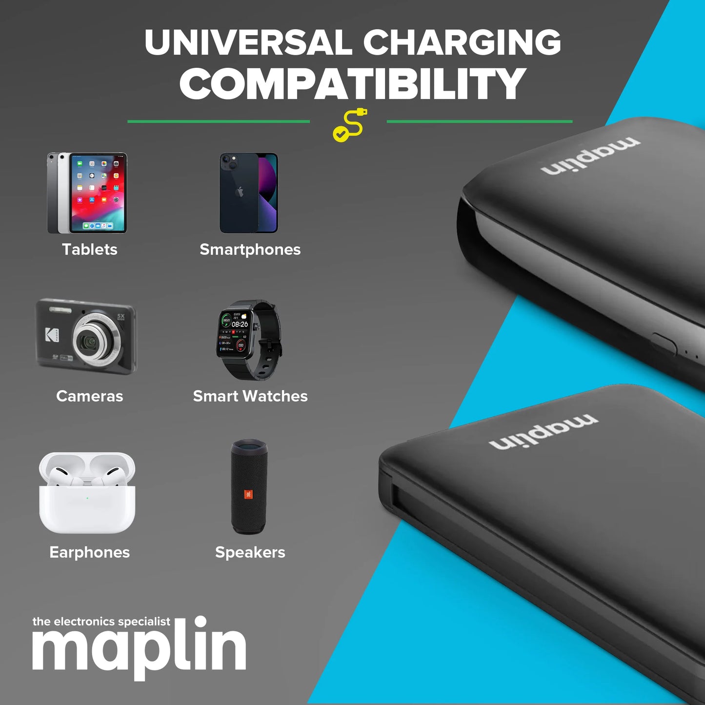 Maplin 10000mAh Slim Power Bank with Integrated 8-Pin, USB-C, USB-A & Micro USB Cables