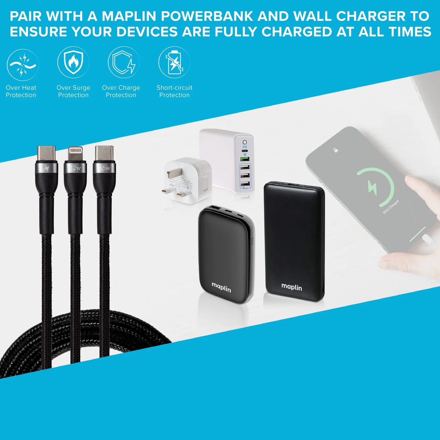 Maplin Multi-Charging 2-in-1 Cable, USB-C + 8-Pin Apple, 65W, Braided (1.2 Metre)