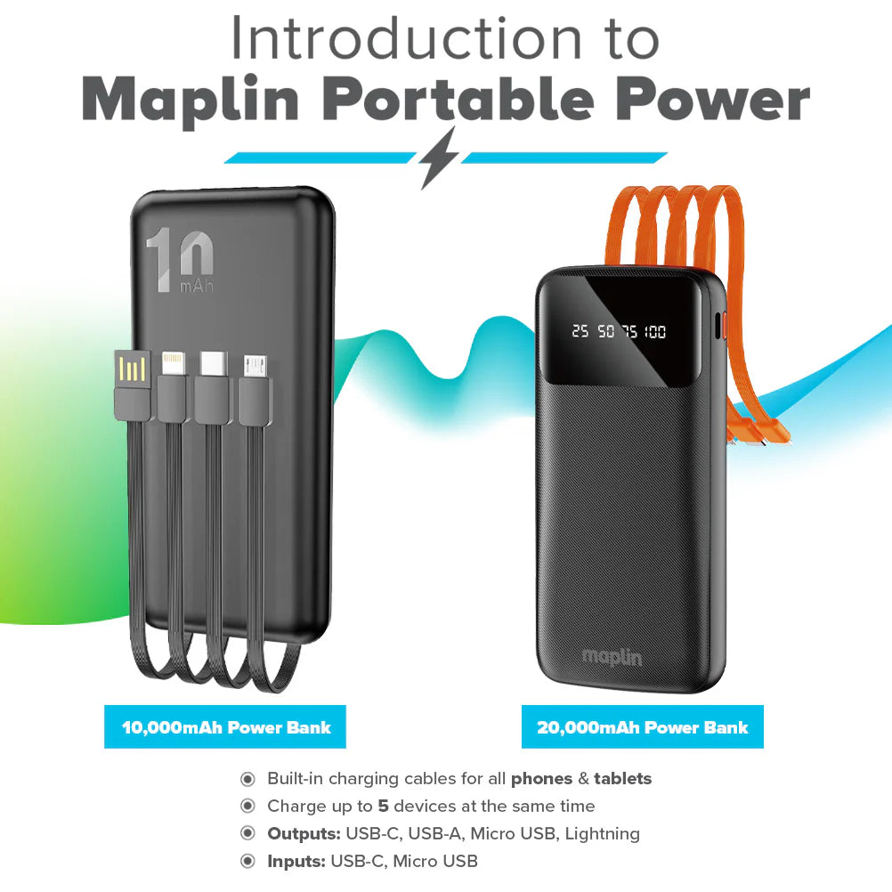 Maplin 20000mAh Portable Power Bank with Integrated USB-C, Micro USB & 8-Pin Apple Cables