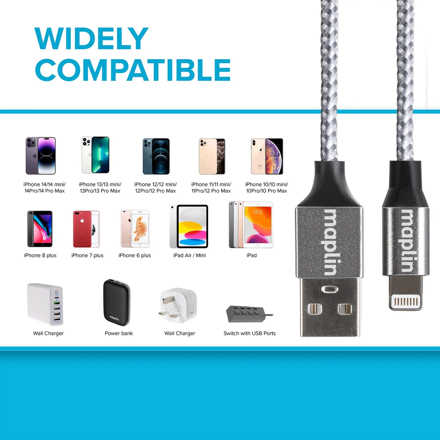 Maplin USB-A to 8-Pin Connector Cable for Apple Devices 12W - 3m Silver