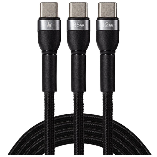 Maplin 2-in-1 USB-C to Multi-Charging USB-C 65W & USB-C 12W Braided Cable - Black - 1.2m