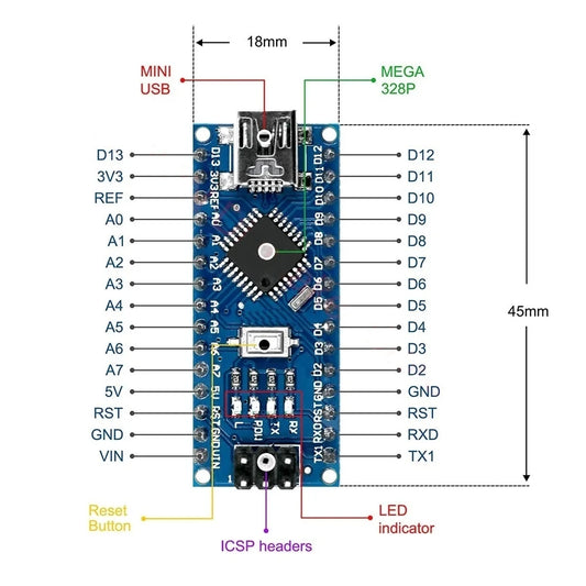 Arduino Nano V3.0 Compatible ATmega328P CH340 5V 16MHz, Mini USB, Soldered