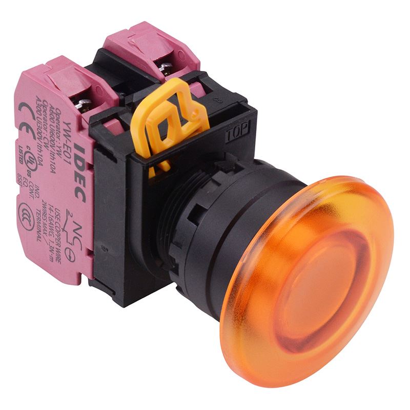 YW1L-M4E02Q3A Amber 12V illuminated 22mm Mushroom Momentary Push Button Switch 2NC IP65 IDEC