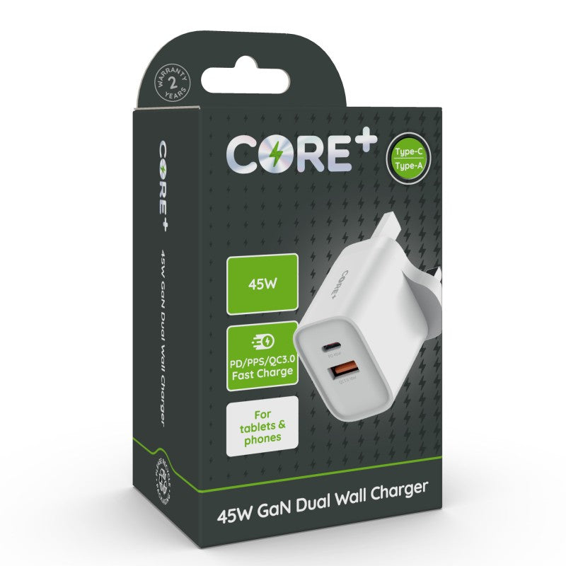 CORE+ 45W GaN USB / USB-C Dual Wall Charger