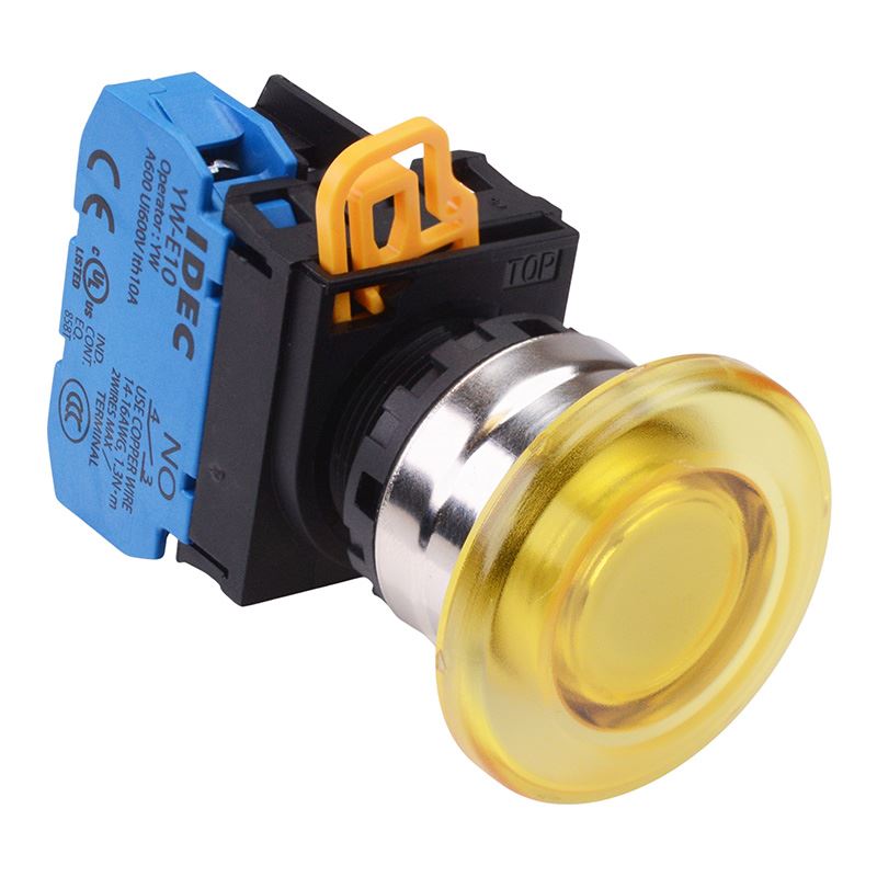 YW4L-M4E10Q3Y Yellow 12V illuminated 22mm Metal Bezel Mushroom Momentary Push Button Switch NO IP65 IDEC