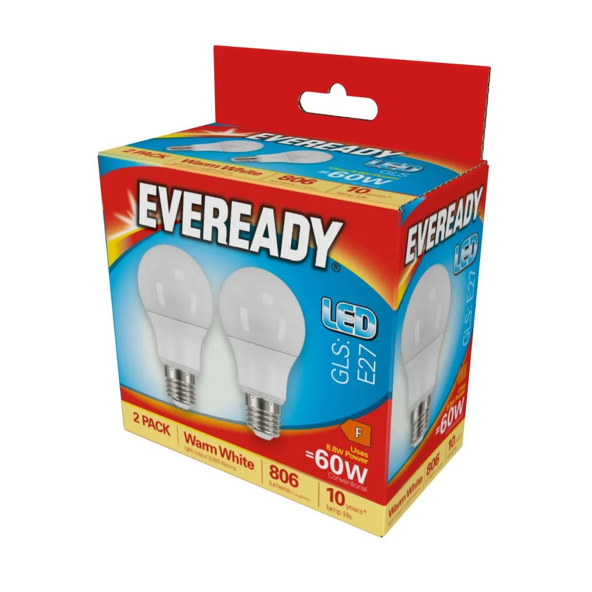 Eveready 60W Equivalent Warm White LED Light Bulb 2 Pack ES E27 Edison 806 Lumens