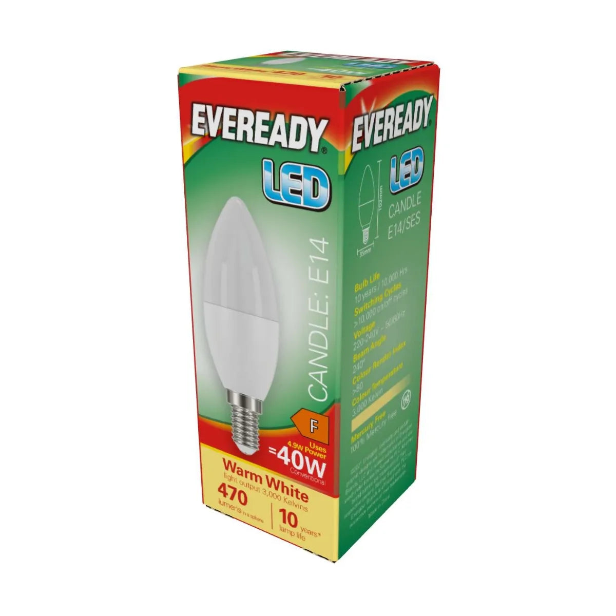 Eveready E14 SES Small Edison LED Light Bulb Warm White 3000K 470 Lumens Candle