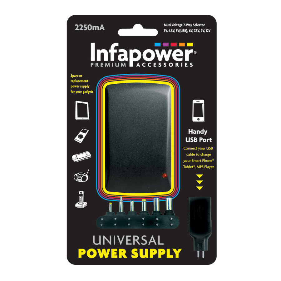 Infapower P004, 2250ma, 2.25A Universal Multi-Voltage Power Supply, PSU, AC-DC, 3v, 4.5v, 5v USB, 6v, 7.5v, 9v, 12v