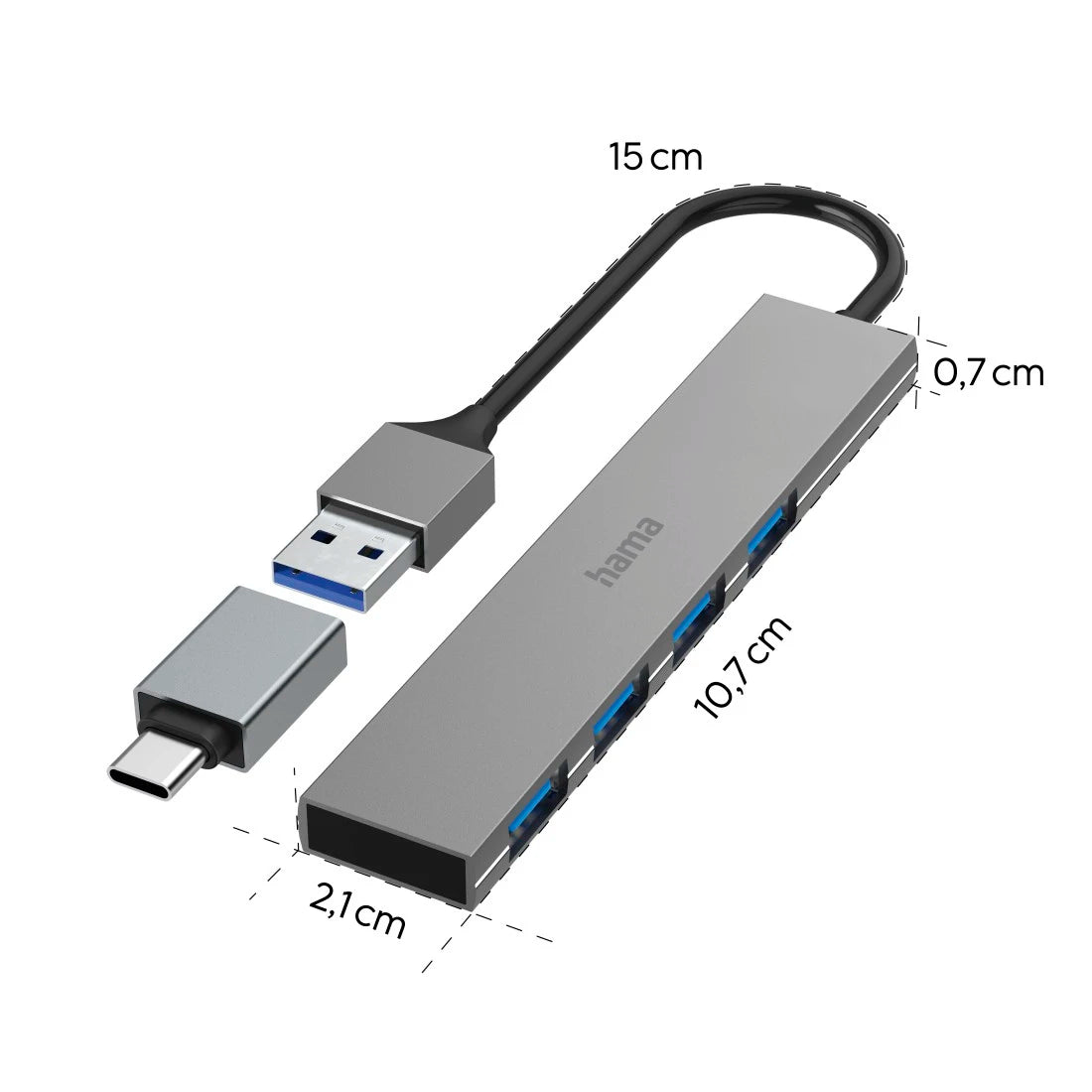 Hama Slim 4-Port USB-C 3.2 Hub, 5 Gbit/s with USB-C Adapter