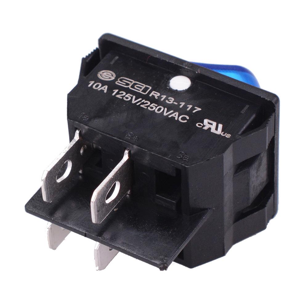 Blue 230V illuminated On-Off Rectangle Rocker Switch DPST 10A R13-117B-01
