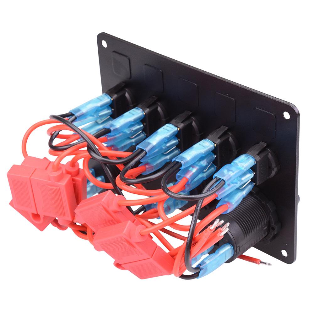 12V Automotive 5 Blue Rocker Switch + Power Socket + Dual USB + Voltmeter Panel