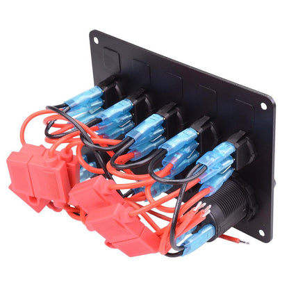 12V Automotive 5 Blue Rocker Switch + Power Socket + Dual USB + Voltmeter Panel