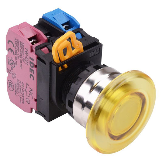 YW4L-M4E11Q3Y Yellow 12V illuminated 22mm Metal Bezel Mushroom Momentary Push Button Switch 1NO-1NC IP65 IDEC