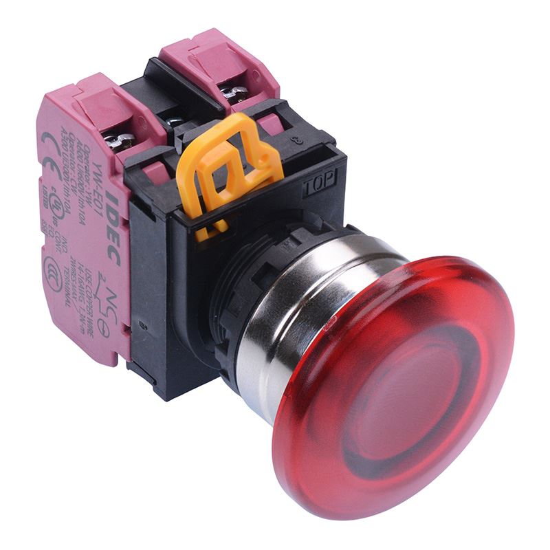 YW4L-A4E02Q4R Red 24V illuminated 22mm Metal Bezel Mushroom Maintained Push Button Switch 2NC IP65 IDEC