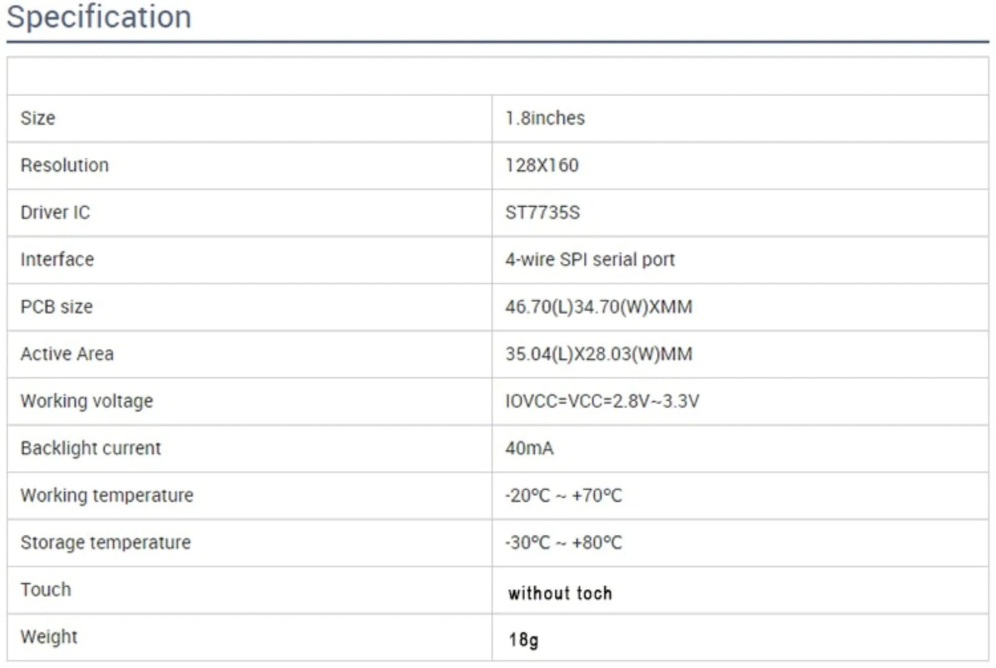 LCD 1.8 inch Full Colour TFT Display Module 128×160 For Arduino