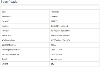 LCD 1.8 inch Full Colour TFT Display Module 128×160 For Arduino