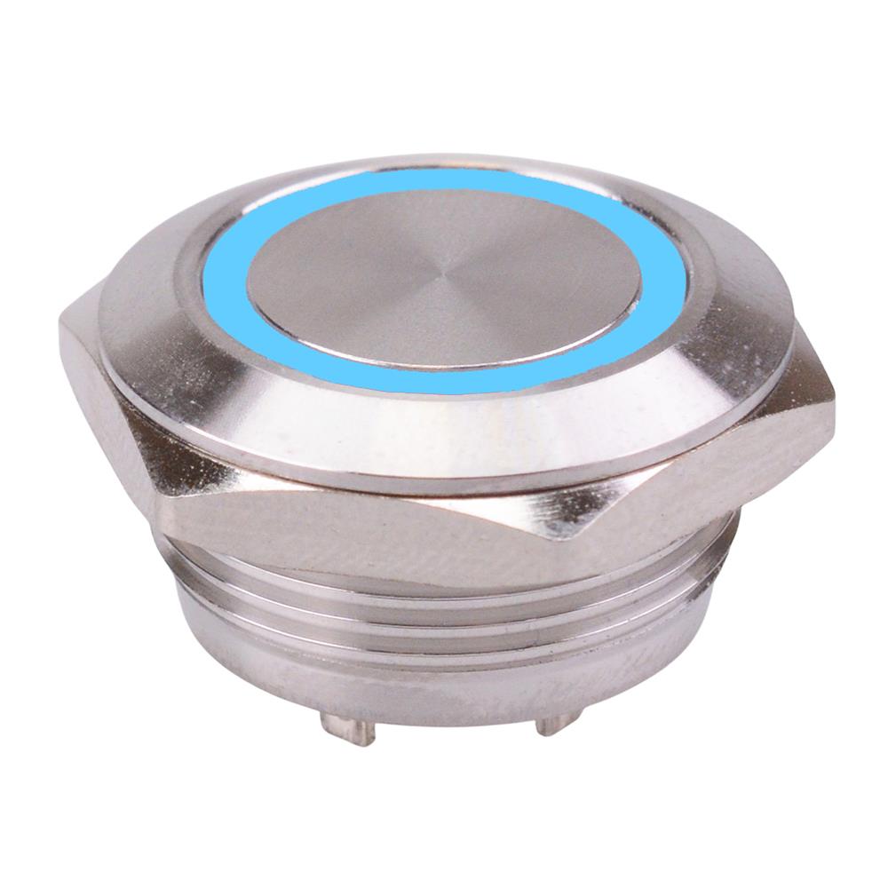 Blue 12V Vandal Off-(On) Momentary 19mm Short Push Button Switch SPST