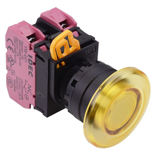 YW1L-A4E02Q3Y Yellow 12V illuminated 22mm Mushroom Maintained Push Button Switch 2NC IP65 IDEC