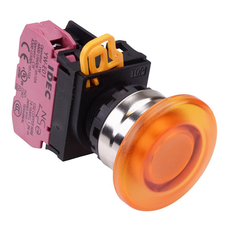 YW4L-A4E01Q4A Amber 24V illuminated 22mm Metal Bezel Mushroom Maintained Push Button Switch NC IP65 IDEC