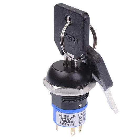 Black On-On 2 Way 19mm Key Switch DPDT 4A LK6SGB126M3