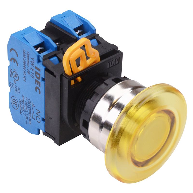 YW4L-M4E20Q3Y Yellow 12V illuminated 22mm Metal Bezel Mushroom Momentary Push Button Switch 2NO IP65 IDEC