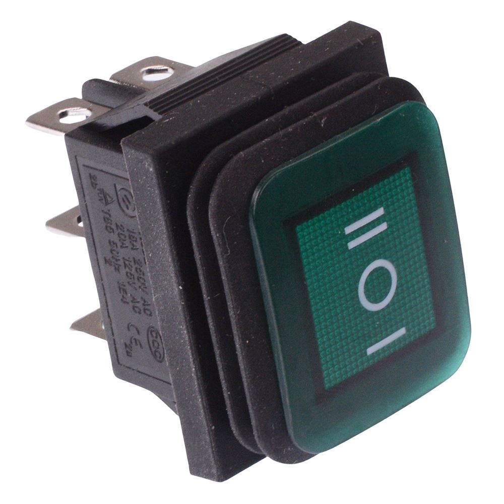Green Illuminated On-Off-On Waterproof Rocker Switch 20A DPDT IP67