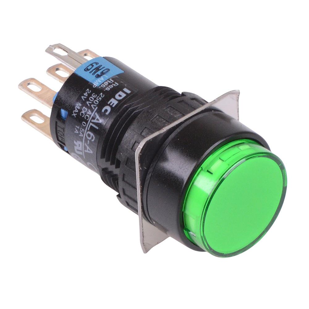 AL6M-A24PG Green 16mm 24V Latching Round illuminated Push Button Switch IP65 DPDT