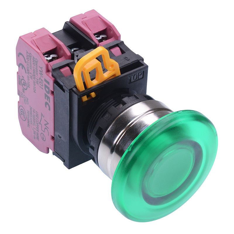 YW4L-M4E02Q4G Green 24V illuminated 22mm Metal Bezel Mushroom Momentary Push Button Switch 2NC IP65 IDEC