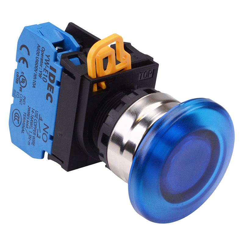 YW4L-A4E10Q4S Blue 24V illuminated 22mm Metal Bezel Mushroom Maintained Push Button Switch NO IP65 IDEC
