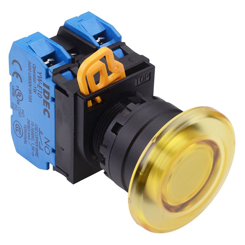 YW1L-A4E20Q4Y Yellow 24V illuminated 22mm Mushroom Maintained Push Button Switch 2NO IP65 IDEC