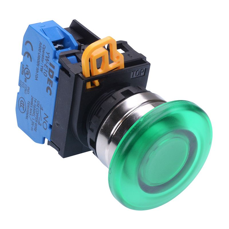 YW4L-A4E10Q3G Green 12V illuminated 22mm Metal Bezel Mushroom Maintained Push Button Switch NO IP65 IDEC