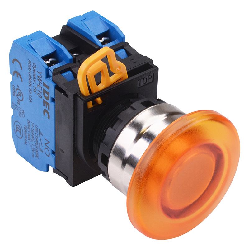YW4L-A4E20Q3A Amber 12V illuminated 22mm Metal Bezel Mushroom Maintained Push Button Switch 2NO IP65 IDEC