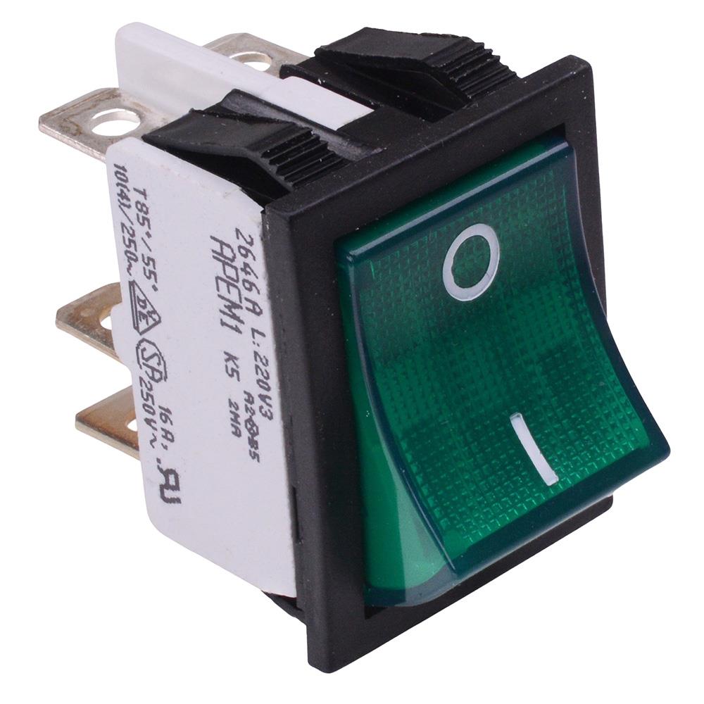 2646LH/2A23321L220V3 APEM 220V Green illuminated On-On Industrial Rocker Switch DPDT 16A