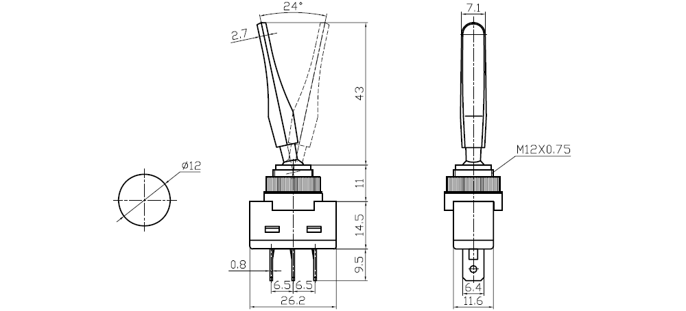 Long Paddle On-Off Black Toggle Switch SPST 20A