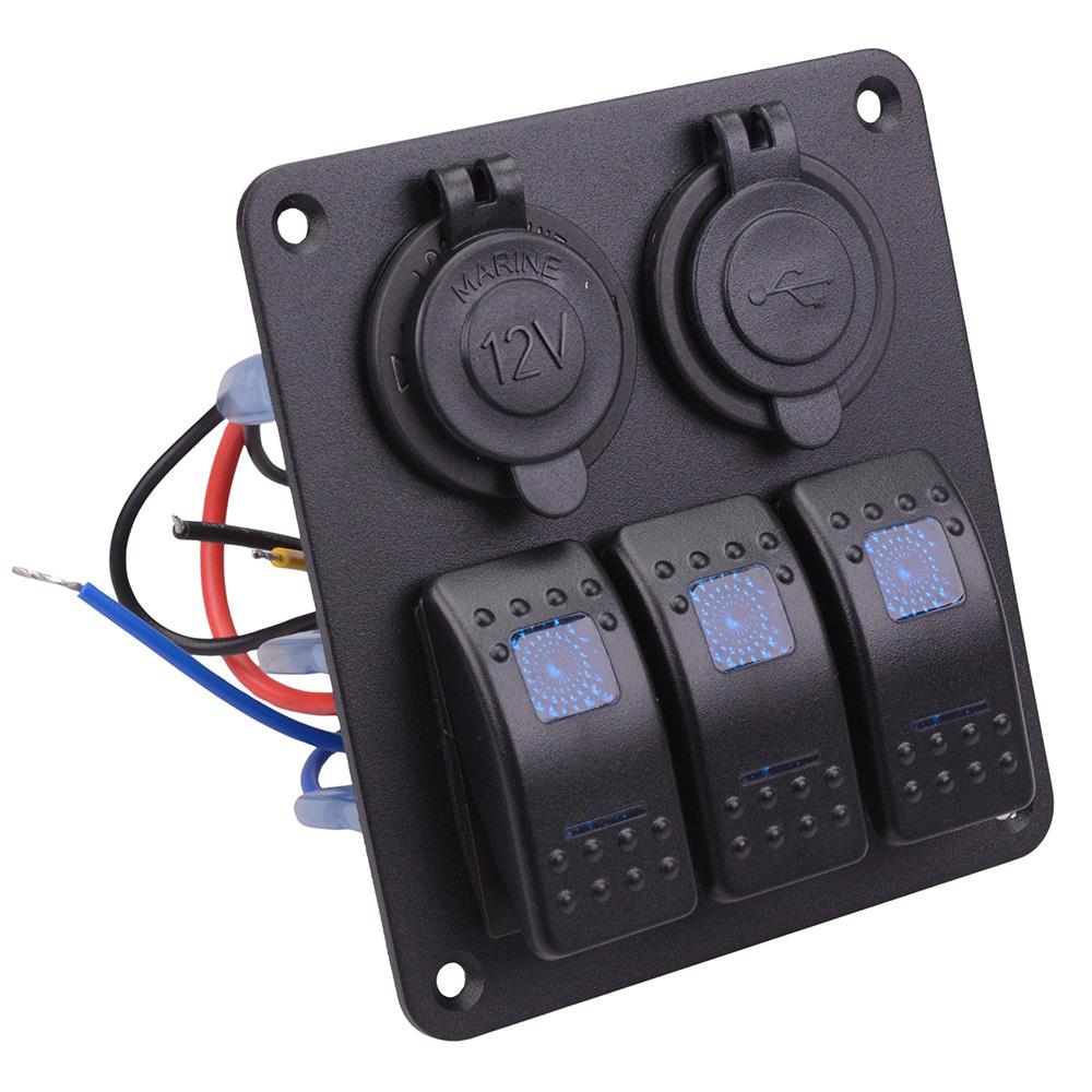 12V Automotive 3 Blue Rocker Switch + Power Socket + Dual USB Panel