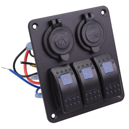 12V Automotive 3 Blue Rocker Switch + Power Socket + Dual USB Panel