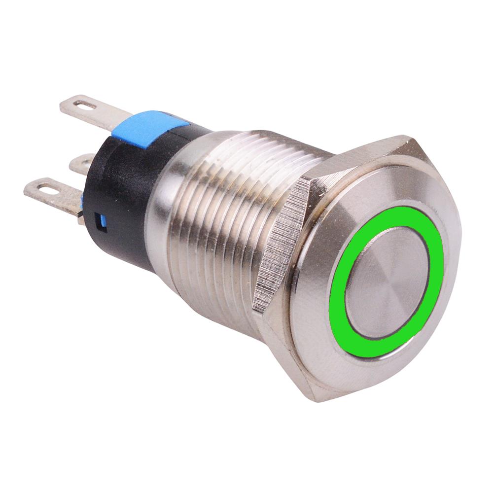 Green LED 16mm Latching Vandal Push Button Switch 3A SPDT