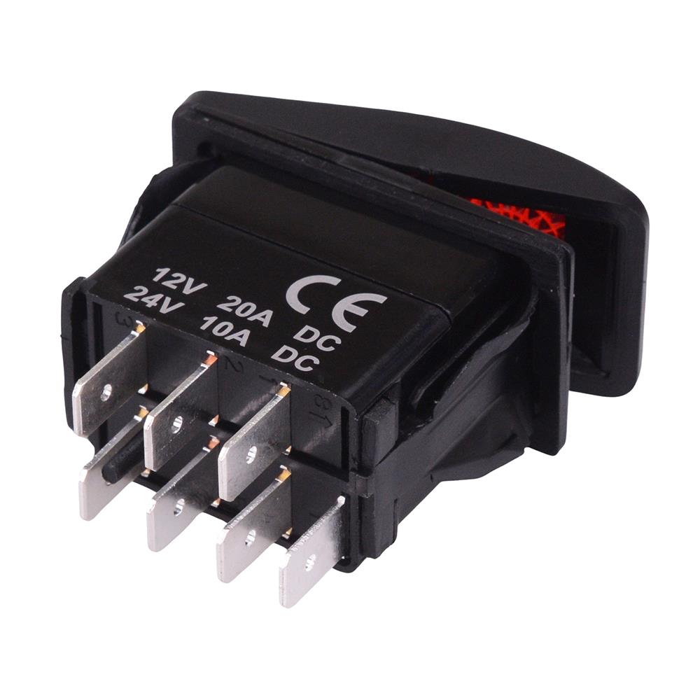 Red illuminated On-Off-(On) Momentary Automotive Rocker Switch DPDT 10A 12-24V