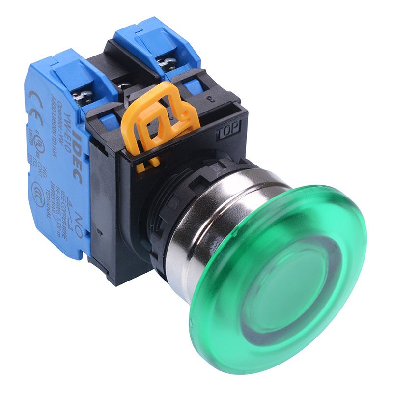 YW4L-A4E20Q3G Green 12V illuminated 22mm Metal Bezel Mushroom Maintained Push Button Switch 2NO IP65 IDEC