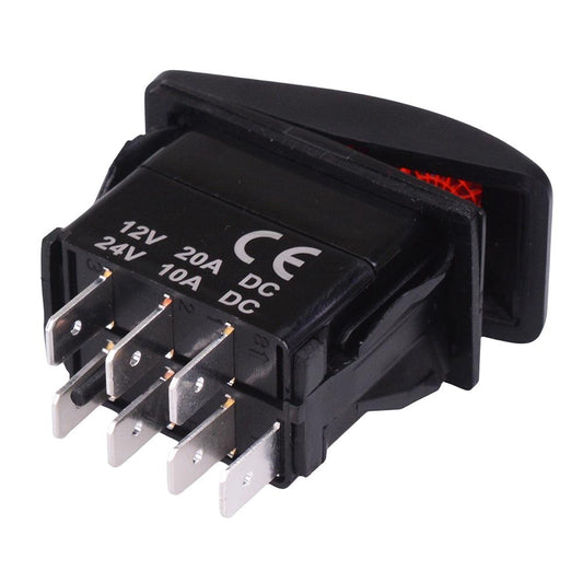 Red illuminated On-Off-On Automotive Rocker Switch DPDT 10A 12-24V IP68
